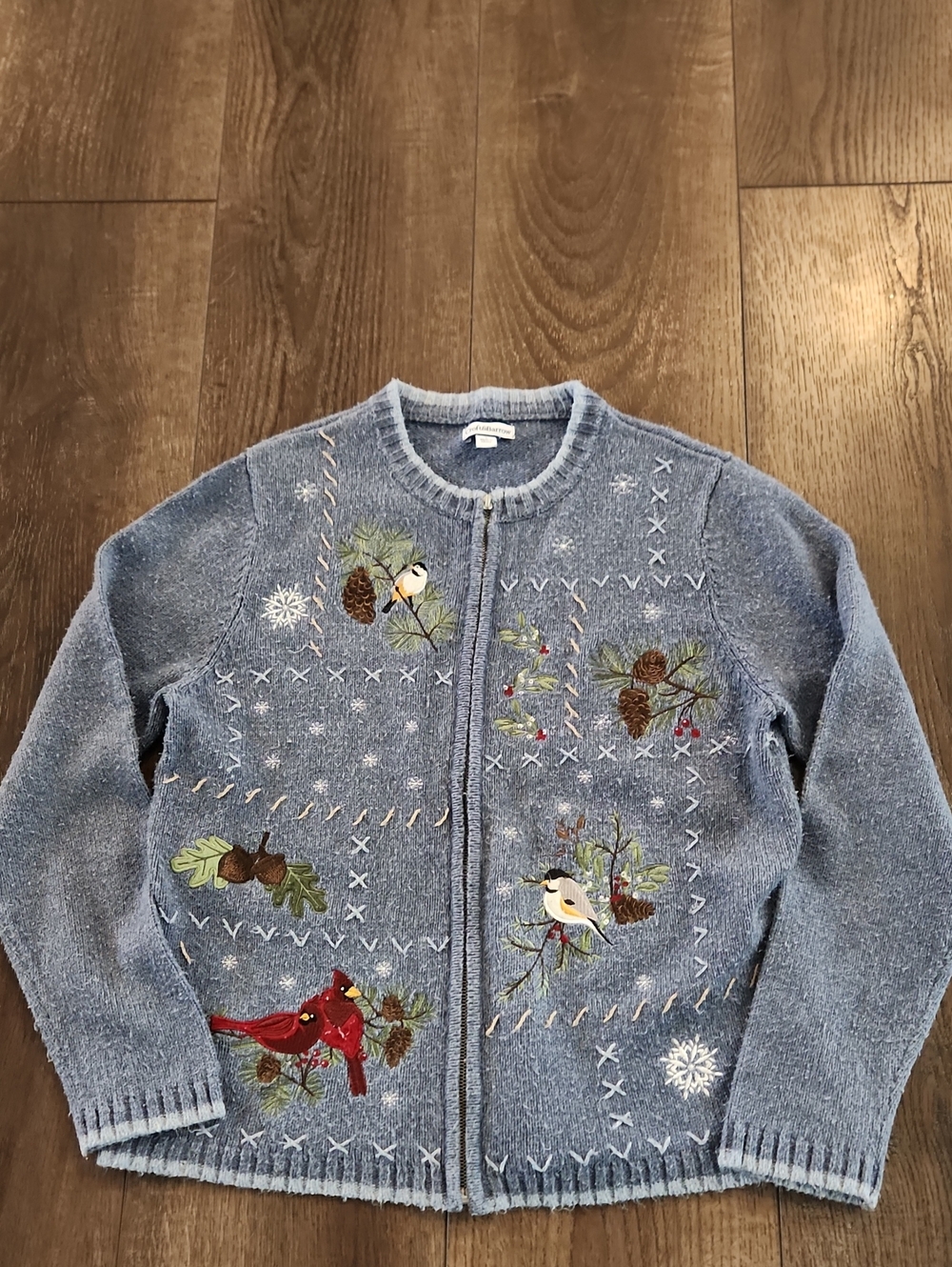 Croft & Barrow Blue Embroidered Bird Zip Up Cardigan Sweater Small